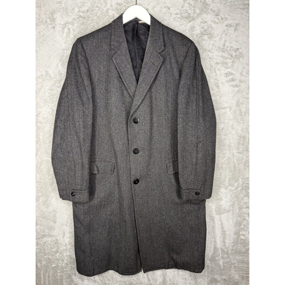 Vtg 70s Brookshire Overcoat Mens 46 Gray Harringbone Tweed Hibbs Union Made USA
